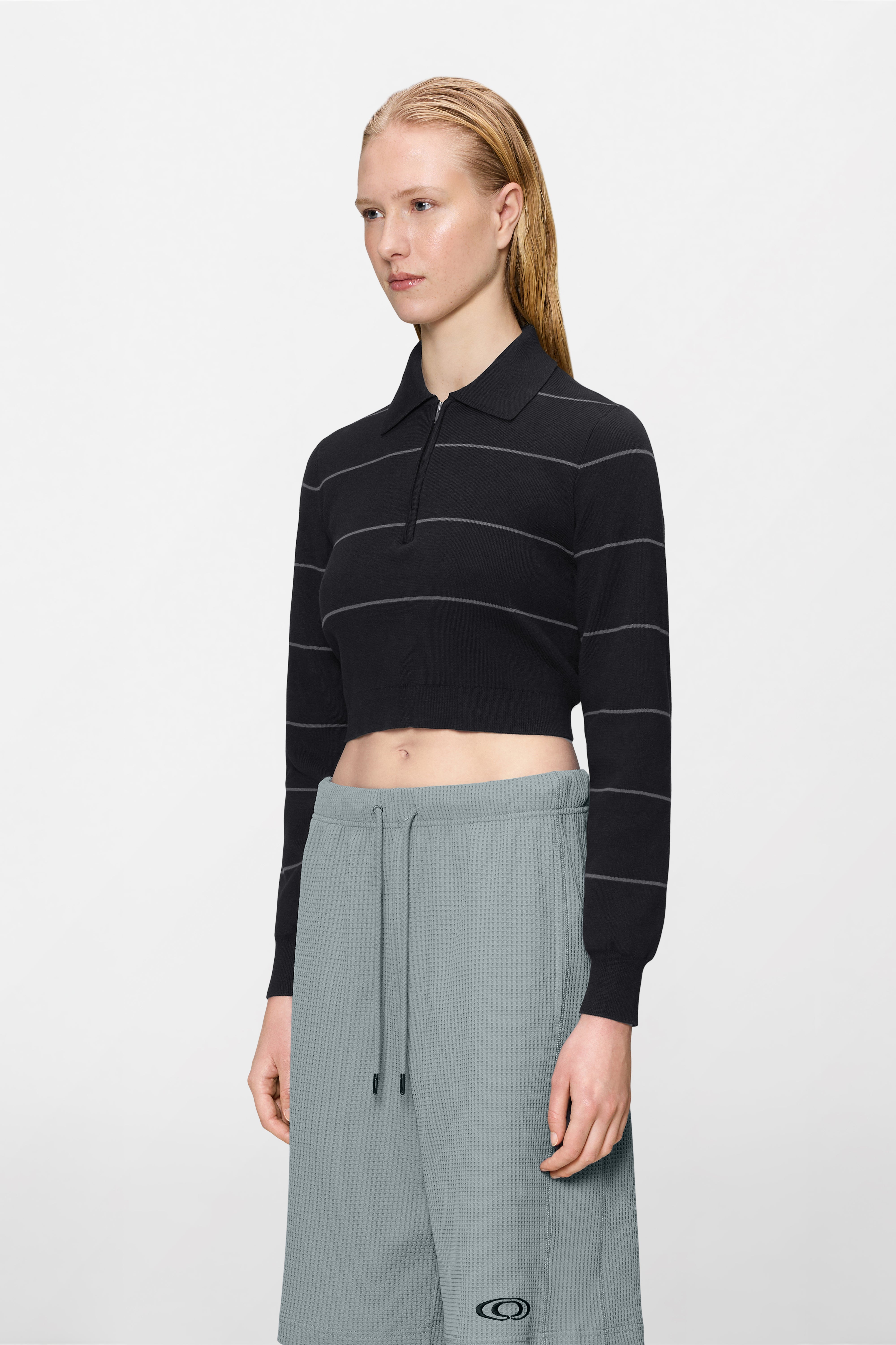RAINS Striped Knit W Long Sleeve Polo Black Long Sleeve