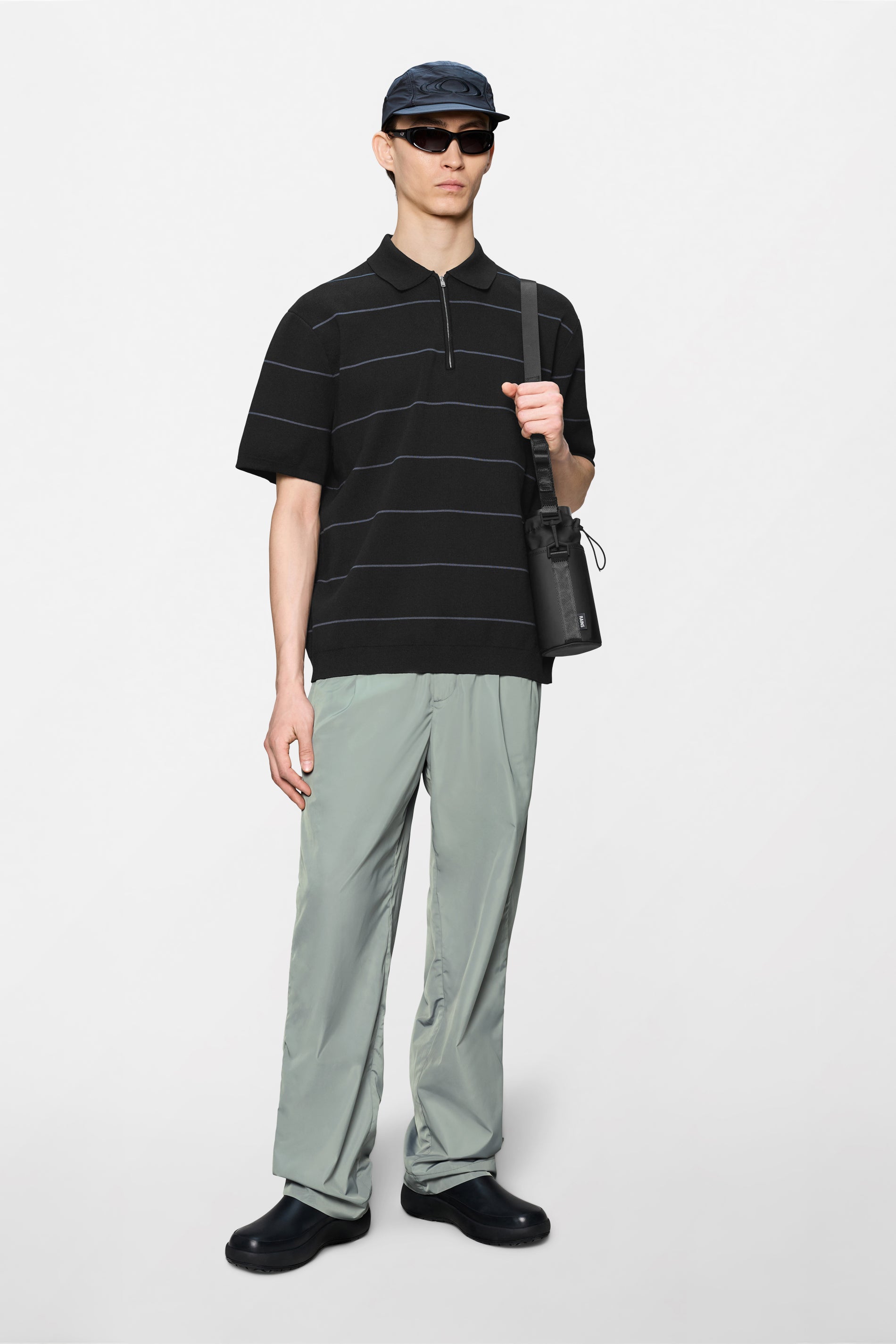 RAINS Striped Knit Polo Black Short Sleeve
