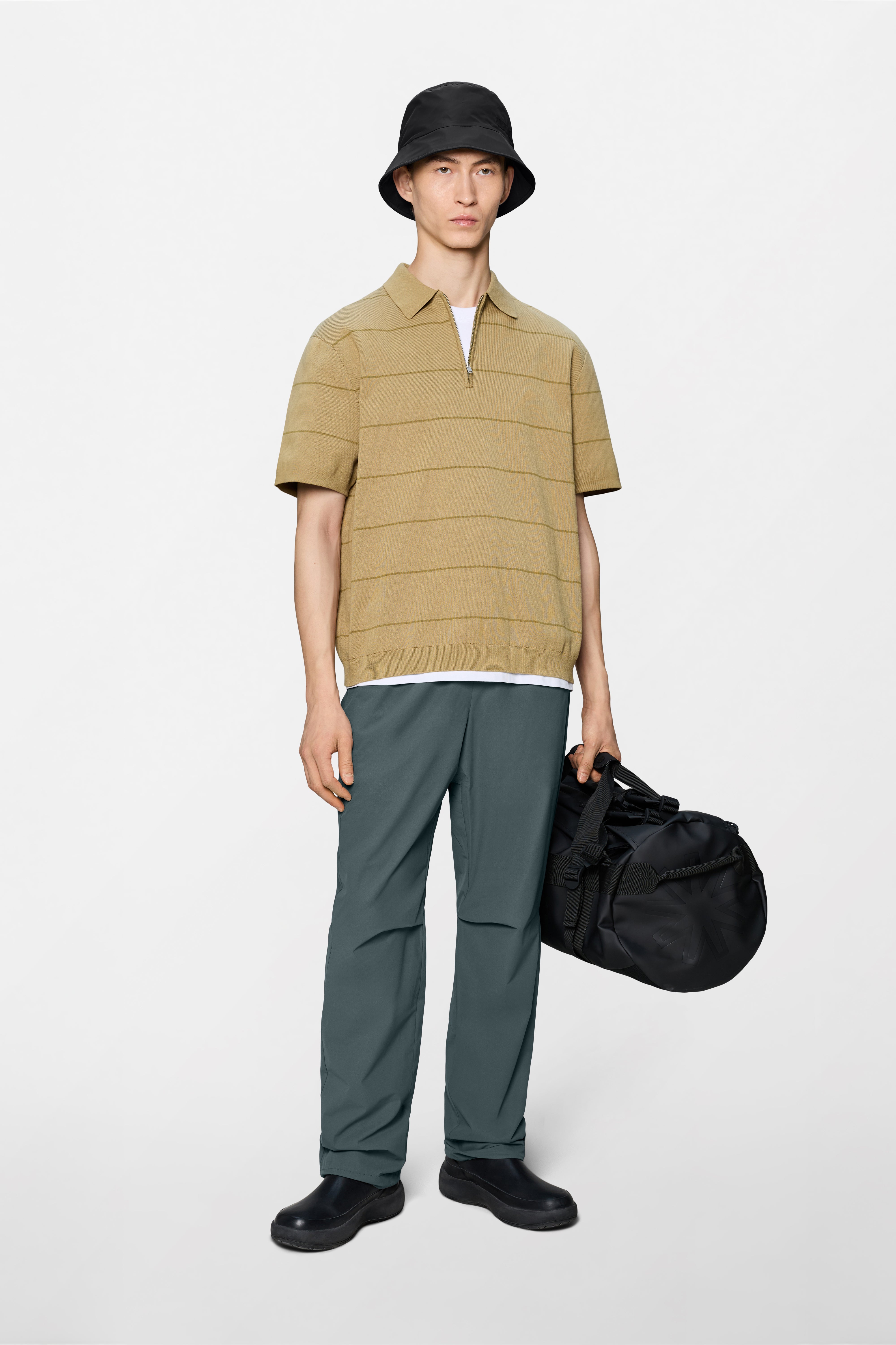 RAINS Striped Knit Polo Fawn Short Sleeve