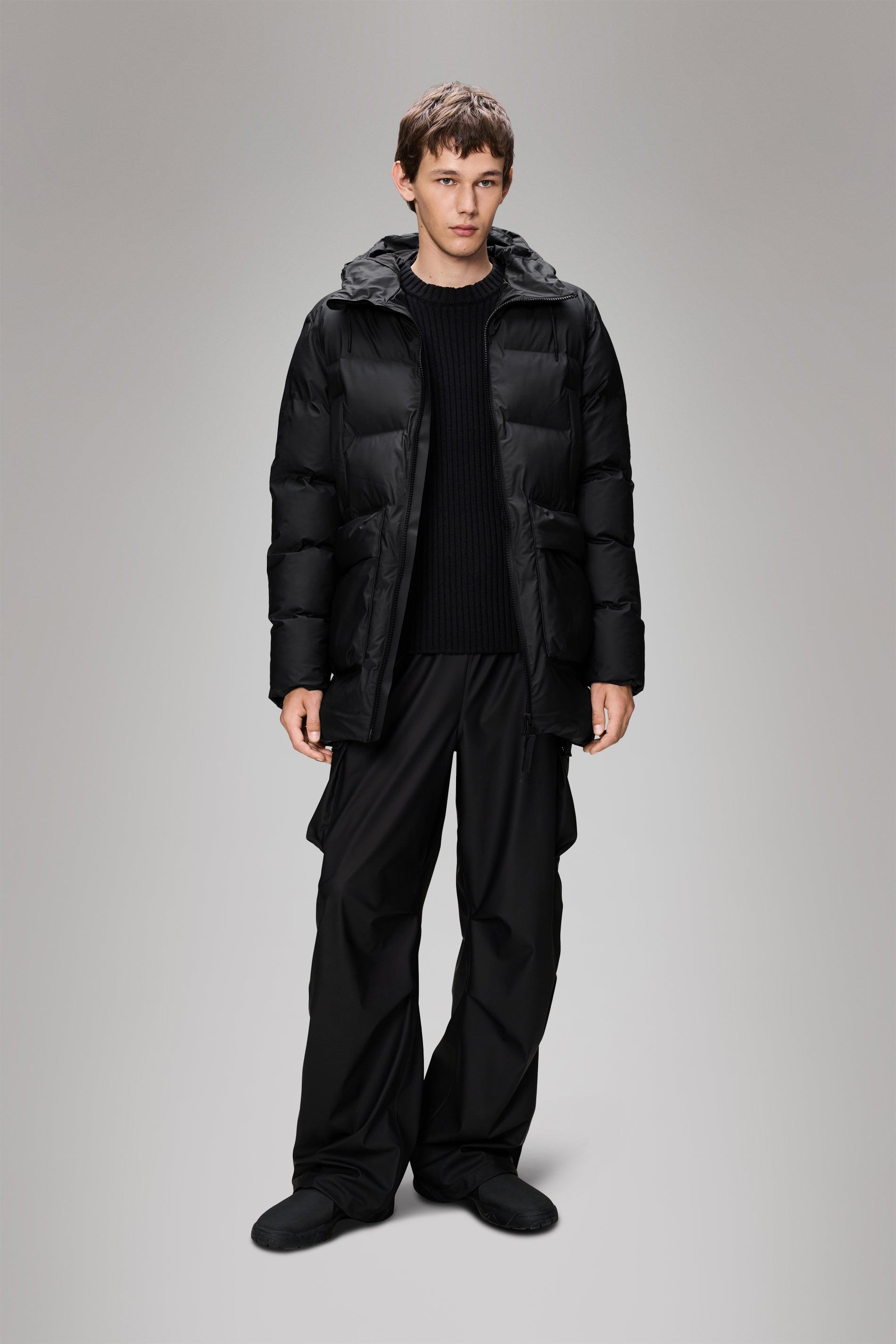 Rains Alta Long Puffer Cargo Jacket Black Jacket